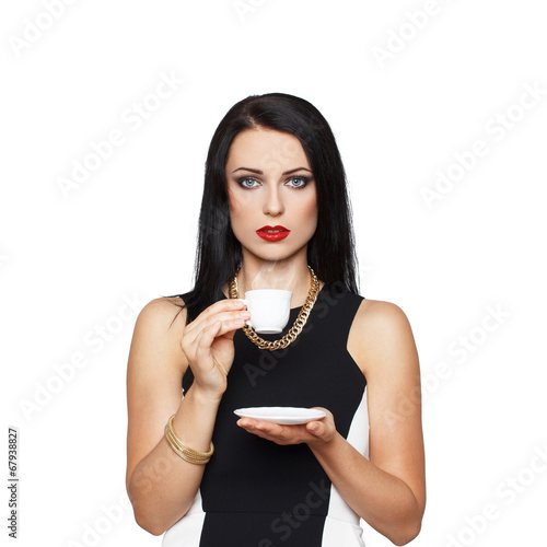 Photo: Brunette woman with white cup coffee isolated on white Brunette woman with white cup coffee isolated on white