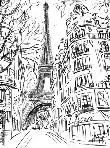 Illustration: Street in paris -sketch illustration Street in paris -sketch illustration