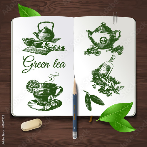 Vector: Hand drawn sketch tea set. Hand drawn sketch tea set.