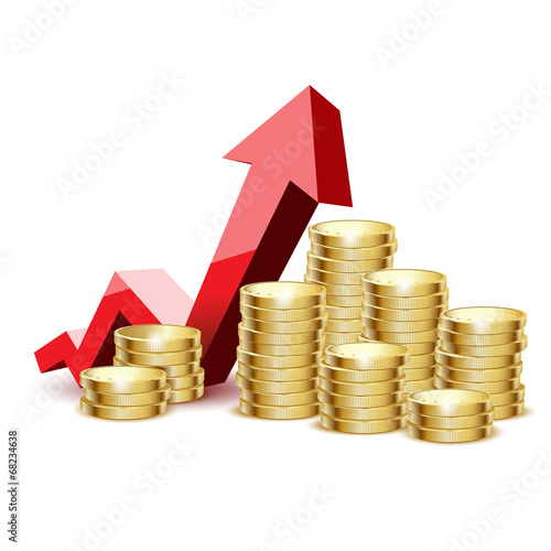 Vector: gold coins and arrow on a white gold coins and arrow on a white