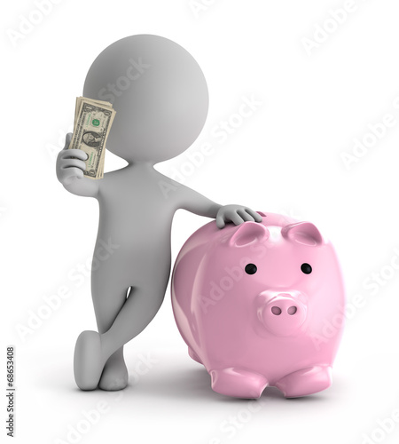 Illustration: 3d cute people - standing with pink piggy holding dollar stack o 3d cute people - standing with pink piggy holding dollar stack o