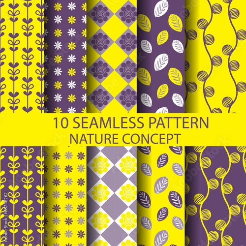 Vector: 10 yellow and purple seamless pattern set, nature concept 10 yellow and purple seamless pattern set, nature concept