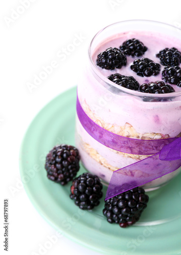 Photo: Healthy breakfast - yogurt with blackberries and muesli served Healthy breakfast - yogurt with blackberries and muesli served