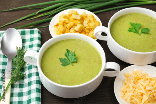 Photo: Leek soup on table, close up Leek soup on table, close up