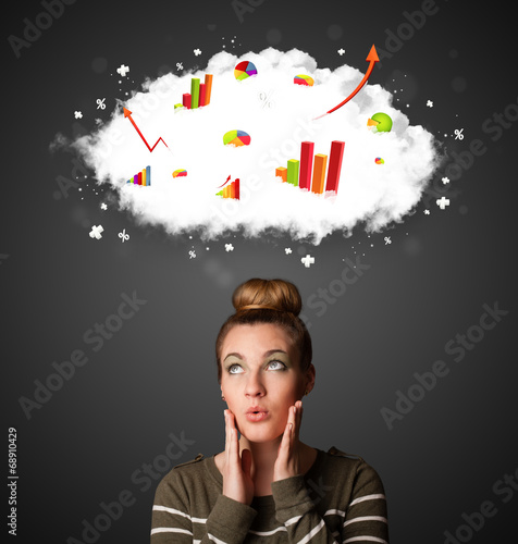 Photo: Young woman gesturing with cloud and charts concept Young woman gesturing with cloud and charts concept