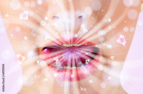 Photo: Beautiful girl mouth breathing abstract white lights and crystal Beautiful girl mouth breathing abstract white lights and crystal