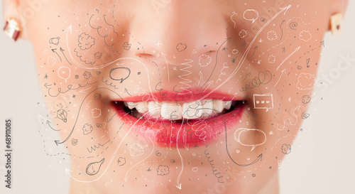 Photo: Pretty woman mouth blowing hand drawn icons and symbols Pretty woman mouth blowing hand drawn icons and symbols