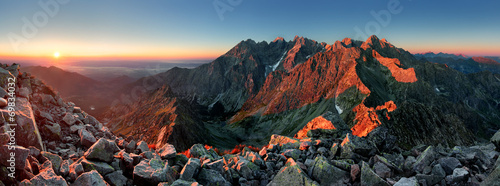 Fototapeta Mountain sunset panorama from peak - Slovakia Tatras