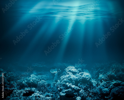 Sea deep or ocean underwater with coral reef as a background for