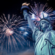 Statue of Liberty at night with fireworks, New York, USA Statue of Liberty at night with fireworks, New York, USA