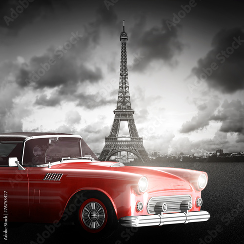 Fototapeta Effel Tower, Paris, France and retro red car. Black and white