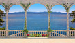 Terrace with balustrade overlooking the sea and mountains Terrace with balustrade overlooking the sea and mountains