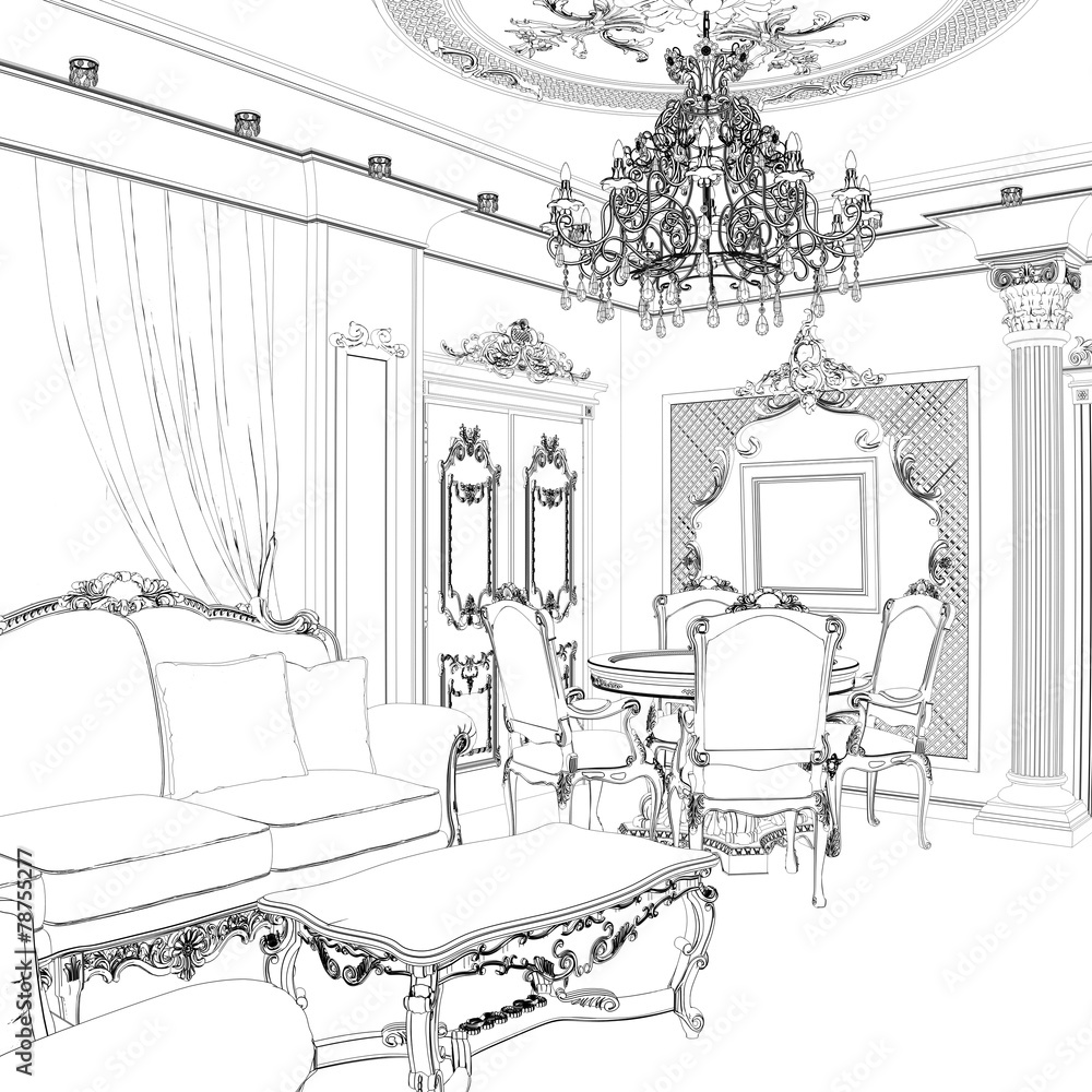 Sketch Of Living Room Dining Area Classic Chairs And Table Wall ... Sketch Of Living Room Dining Area Classic Chairs And Table Wall ...