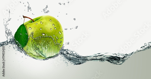 Green Apple amid splashing water.