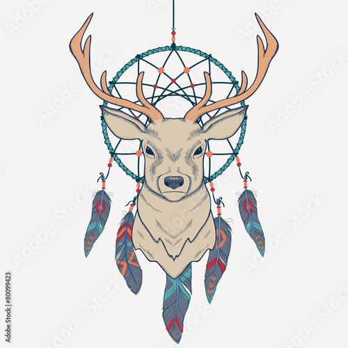 Fototapeta Vector illustration with deer and dream catcher