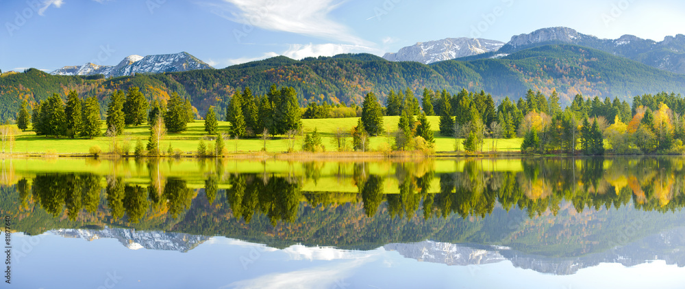 Panorama Landschaft in Bayern mit See und Alpen bei Füssen