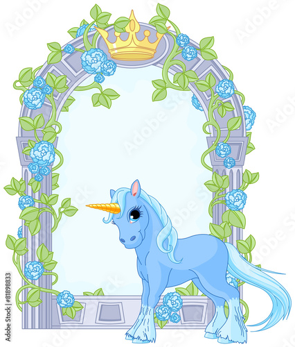 Unicorn close to flower frame - 81898833