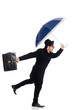 Young man holding suitcase and umbrella isolated on white Young man holding suitcase and umbrella isolated on white