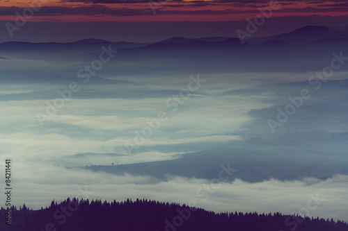 Beautiful foggy morning  in the mountains.