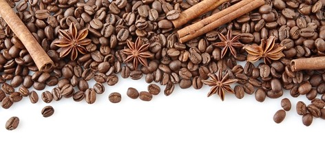 Coffee beans at the top with anise and cinnamon on white