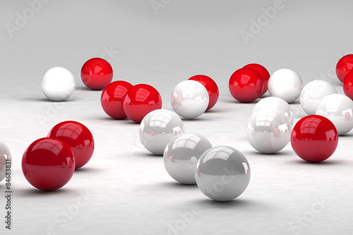 Fototapeta na wymiar Lots of white and red balls interact. 3D render image.