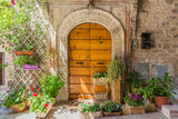 Elegante porta di legno con vasi di fiori