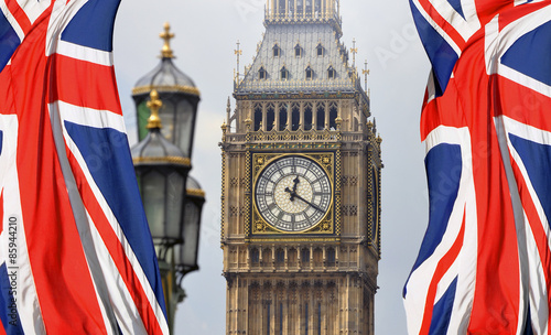 Big Ben in London and English flag