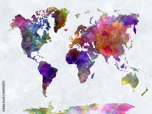 Fototapeta World map in watercolorpurple and blue