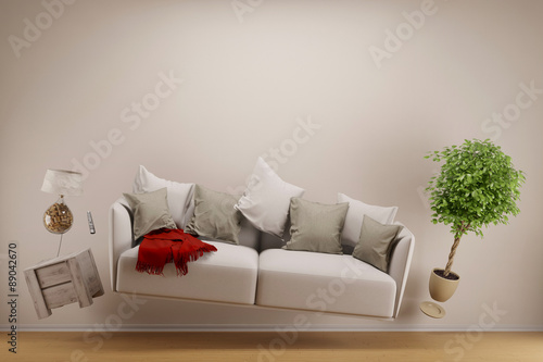 Schwerelos schwebendes Sofa im Wohnzimmer