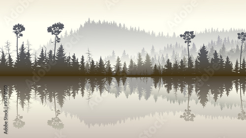 Fototapeta Illustration of forest hills with its reflection in lake.