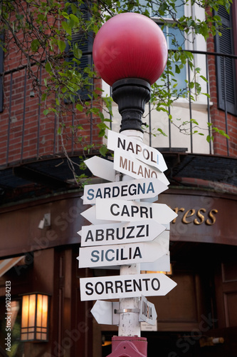 Road signs pointing to famous Italian towns and cities, historic North End, the Italian section of Boston Ma..