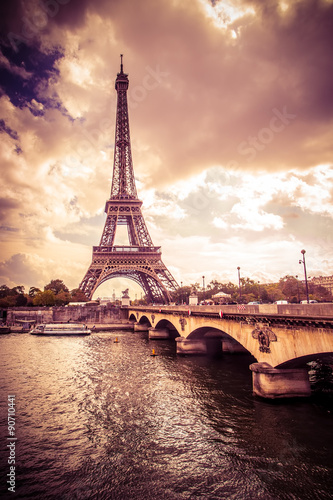 Fototapeta Beautiful Eiffel Tower in Paris France under golden light