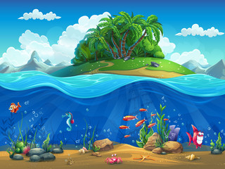 Cartoon underwater world with fish, plants, island