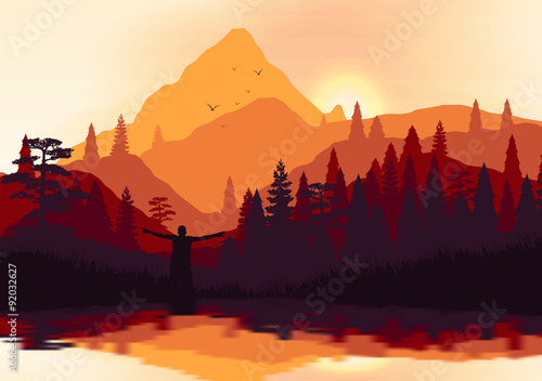Fototapeta Golden Sunset Panorama of Mountain Ridges and Pine Forest with Lake Reflection - Vector Illustration