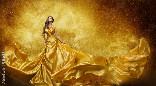 Gold Fashion Model Dress, Woman Golden Silk Gown Flowing Fabric