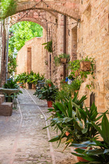 Beautiful decorated street in small town in Italy in summer, Umbria