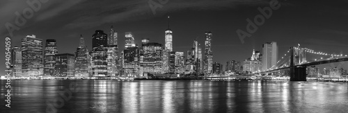  Black and white New York City at night panoramic picture, USA.