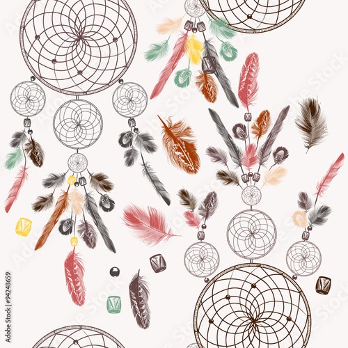 Fototapeta Vector background with hand drawn dream catcher in engraved styl