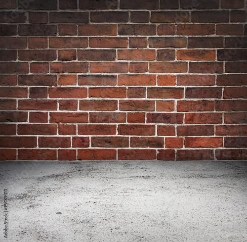 room interior vintage with red brick wall and concrete floor background