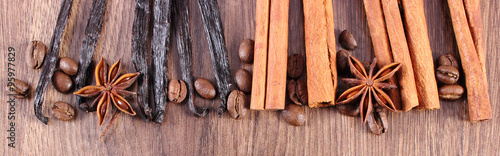  Spices and ingredients for cooking or baking on wooden surface