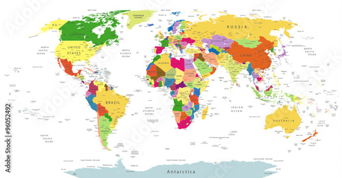 Fototapeta Highly Detailed Political World Map Isolated On White
