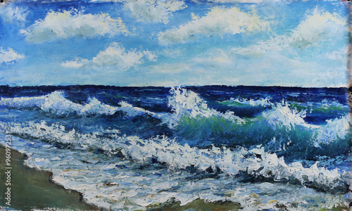 Zdjęcie XXL Oryginalny obraz olejny pejzaż morski, fale morza, błękitne niebo, chmury, na płótnie. Grafika Impasto. Sztuka impresjonizmu.