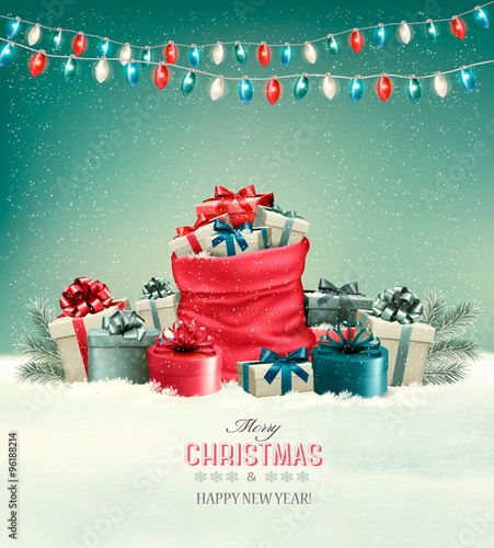 Christmas background with a winter landscape and a sack full of