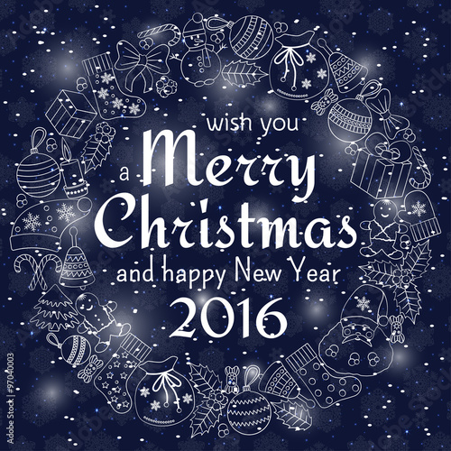 Christmas greeting card with text wish you a Merry Christmas and wreath with many winter doodles. Santa, toys, cookies, snowmen, fir, candies, socks, gifts, bows, snowflakes, hollies, mittens.