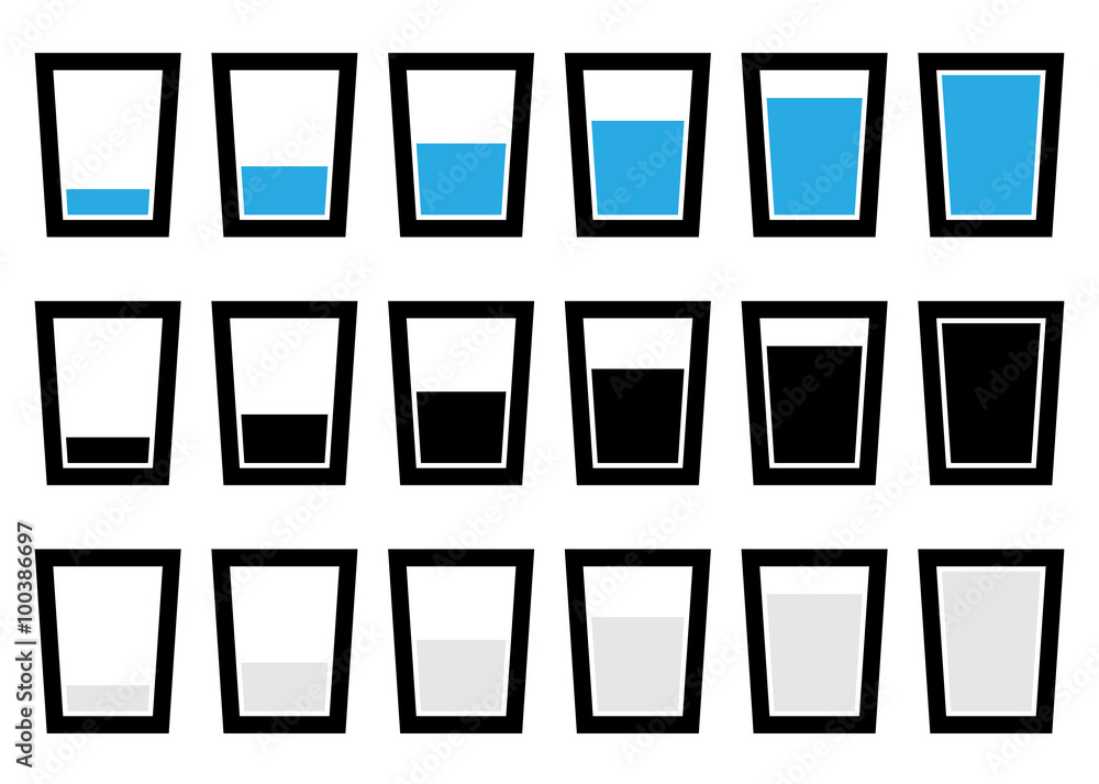 Water glass symbols, pictograms - Empty, half, full glass of wat