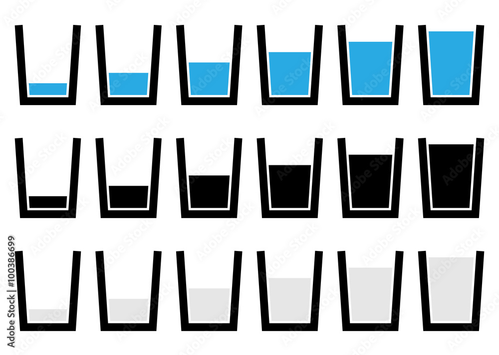 Water glass symbols, pictograms - Empty, half, full glass of wat