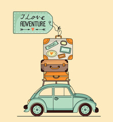 Vector illustration. Retro car with luggage on the roof and space for your text