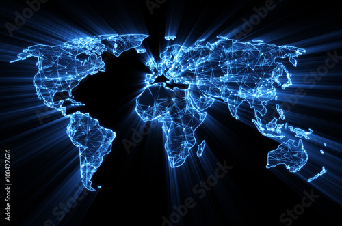  glowing blue worldwide web on world map concept