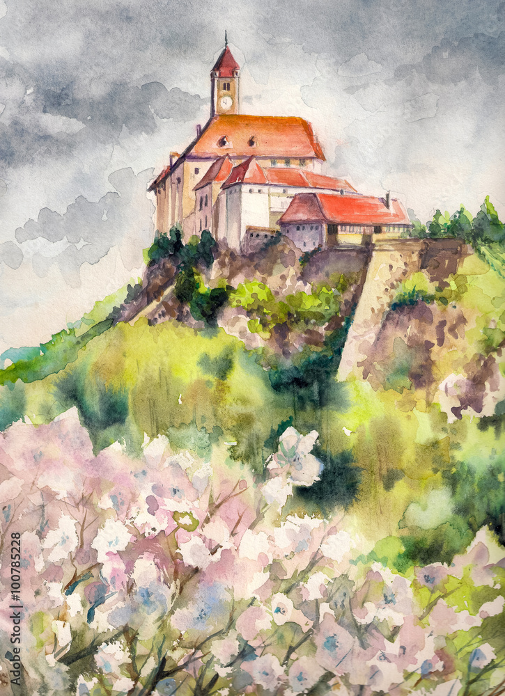 Watercolors illustration of spring landscape with castle Riegersburg,Styria,Austria.