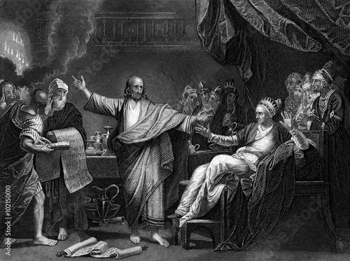 Plakat Wygrawerowany obraz ilustrowany Daniel Interpretując pisanie na ścianie, z rocznika wiktoriańskiego Biblii z 1852 roku